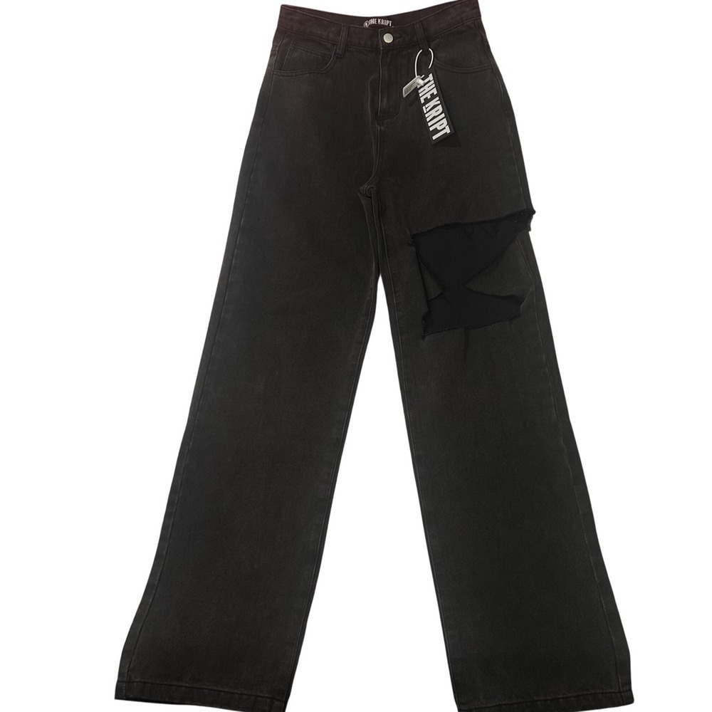 THE KRIPT Wide Leg Jeans Distressed Size M Washed Black Grunge Streetwear Edgy
